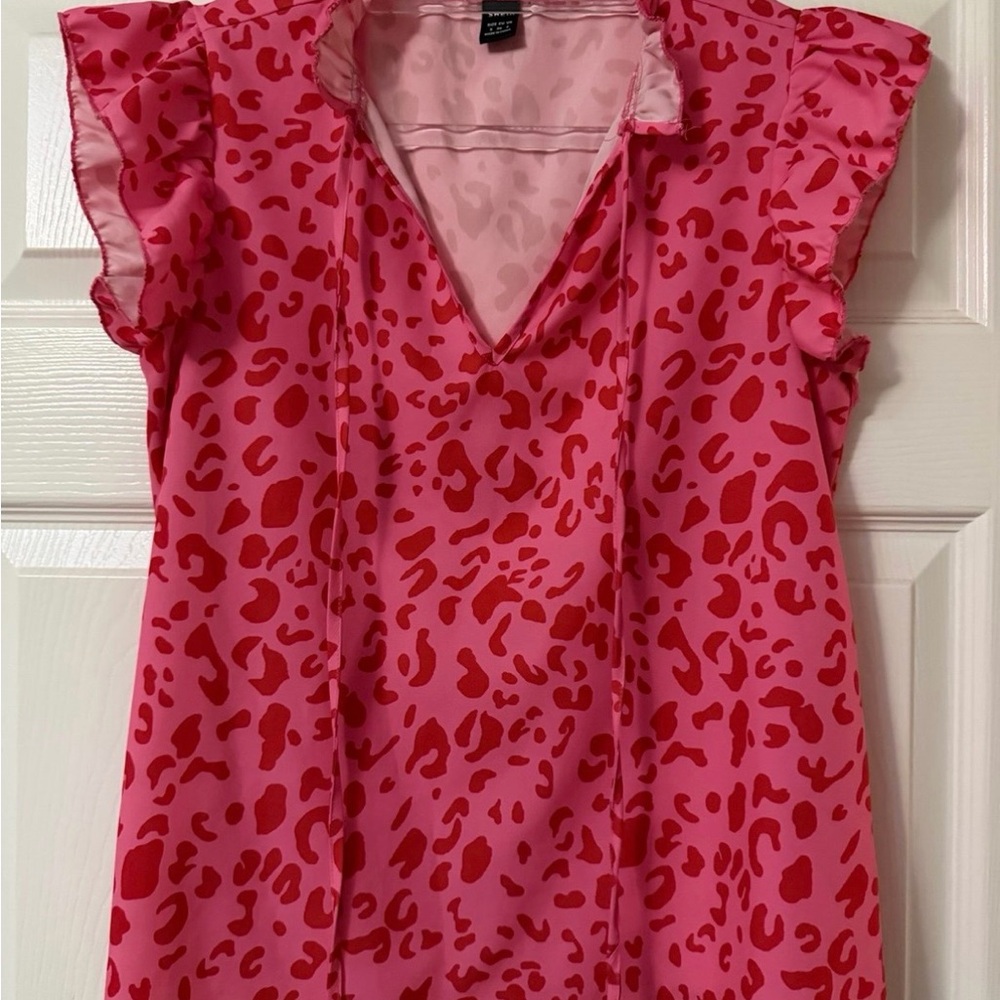 SHEIN Pink Leopard Print Ruffle Blouse Size S